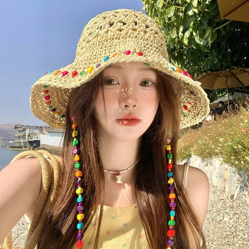 Women Crochet Straw Bucket Hat-Colorful Beaded Sun Hat