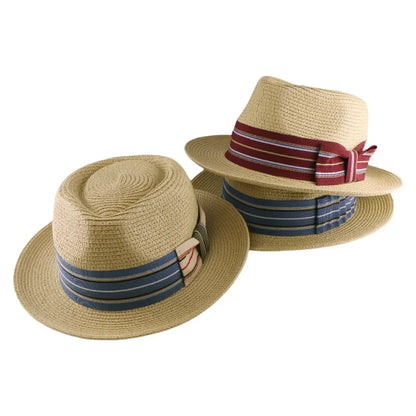 New Fedora Straw Hat With Wide Striped Band, Woven Sun Hat