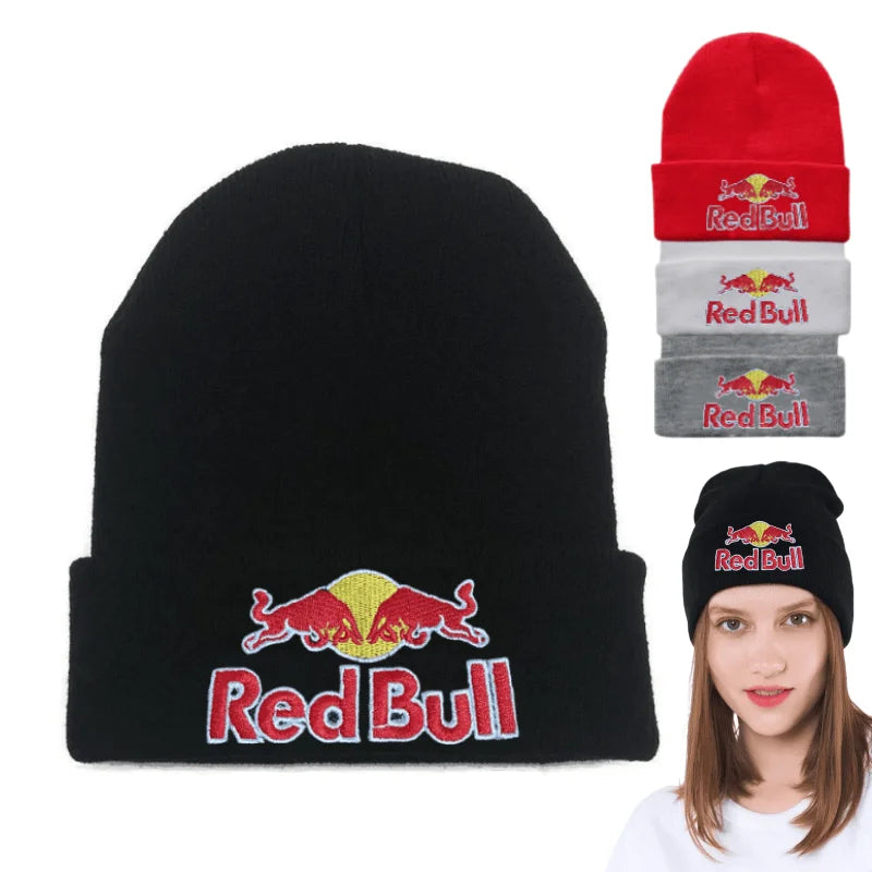 Embroidered Red Bull Knitted hat Beanie Winter Hat Unisex Warm Cap Red Bull