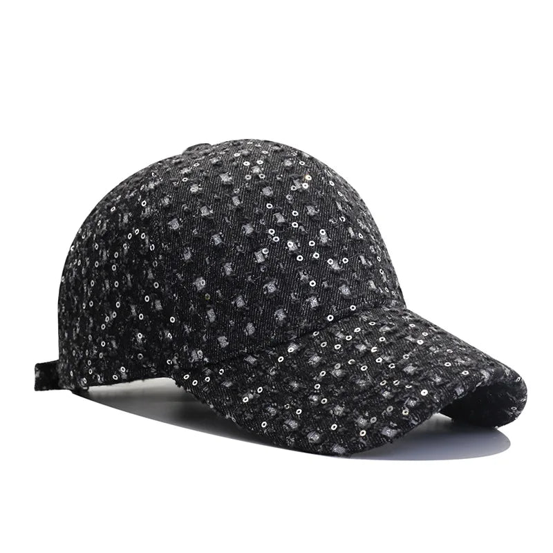 New Fashion Women Sequin Hat Denim Perforated Baseball Cap