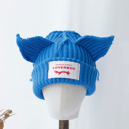 Lover Boy Cat Ear Knit Hat Solid Warm Pig Ear Woolen Hat