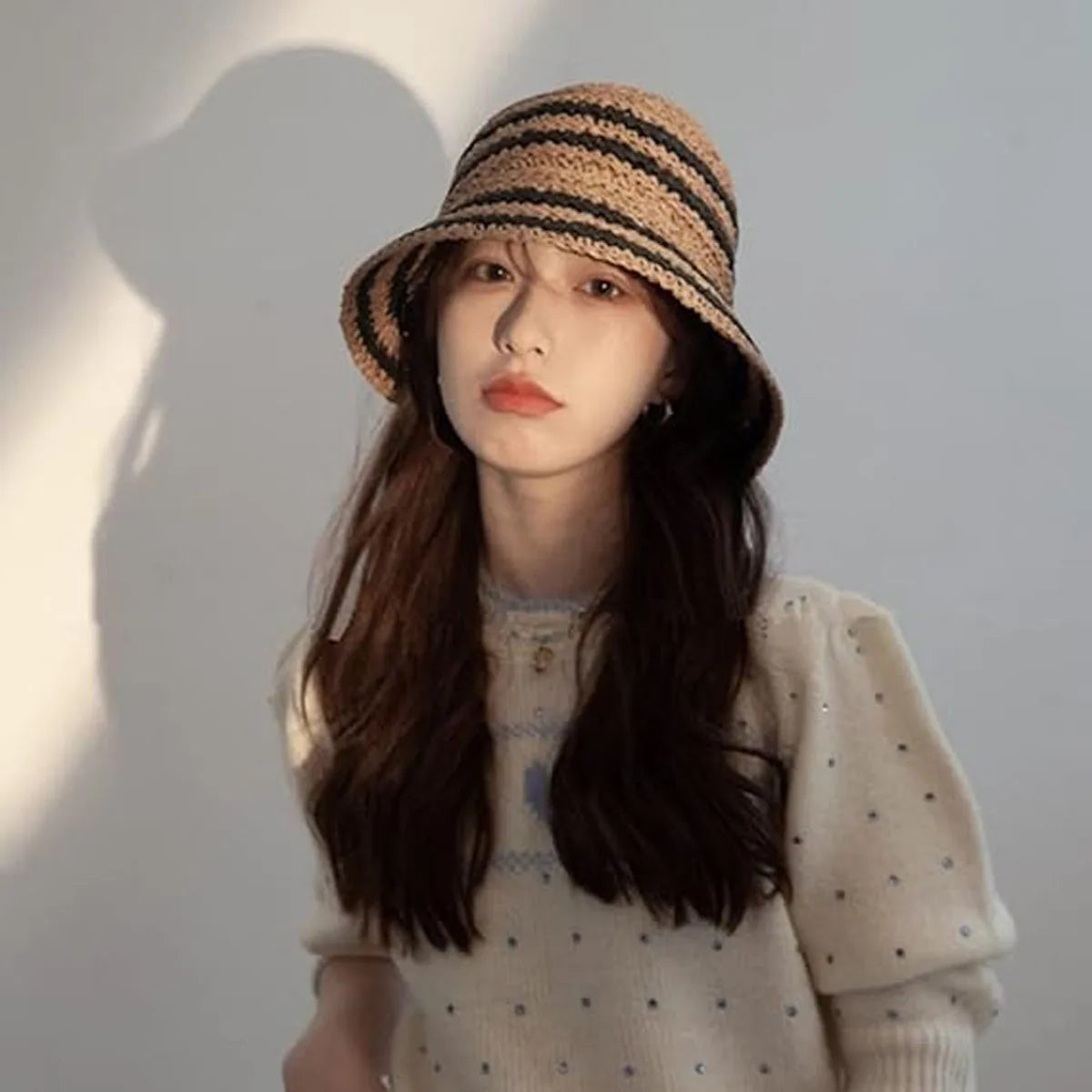 Woven Straw Hat Women Summer Strip Sunshade Bucket Hat