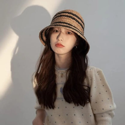 Woven Straw Hat Women Summer Strip Sunshade Bucket Hat