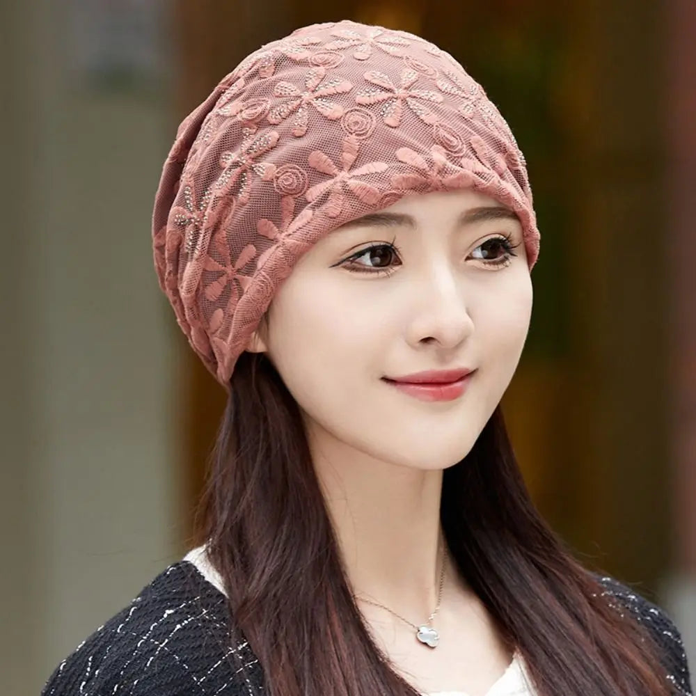 Lace Flower Beanies Cap Hollow Out Elegant Thin Crochet Slouchy Hat