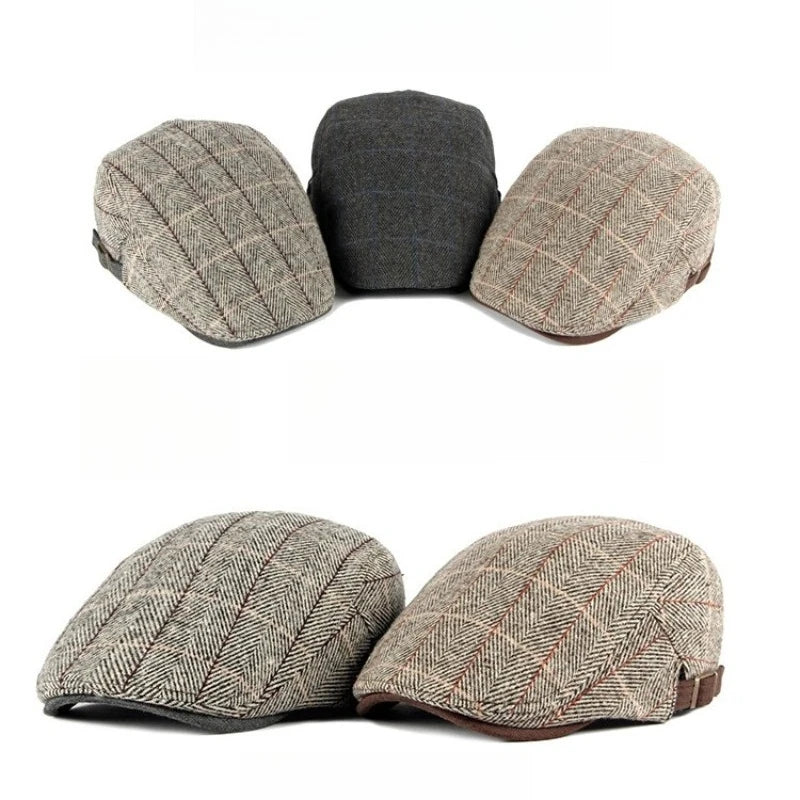 Men Vintage Herringbone Plaid Tweed Newsboy Cap