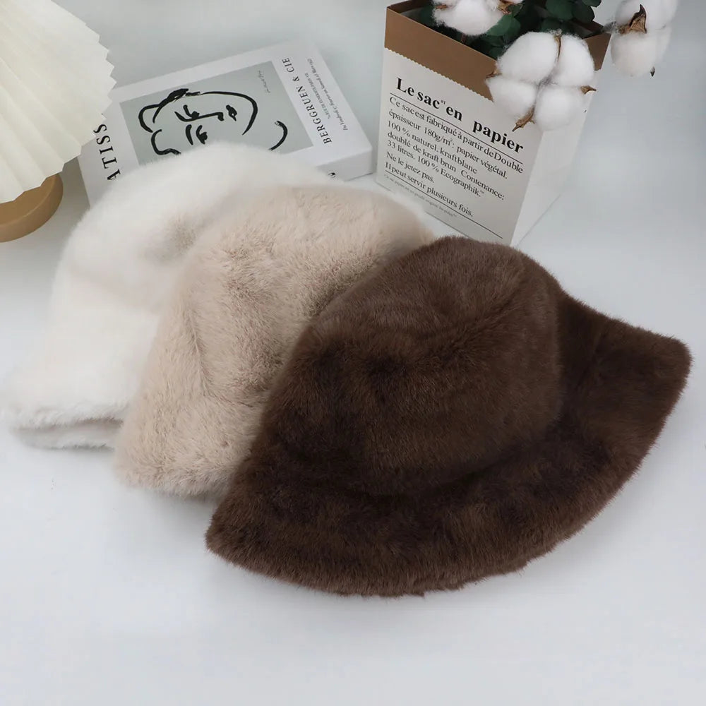 Fluffy Fur Fisherman Hat For Women Winter Cap Windproof Warm Female Bucket Hat