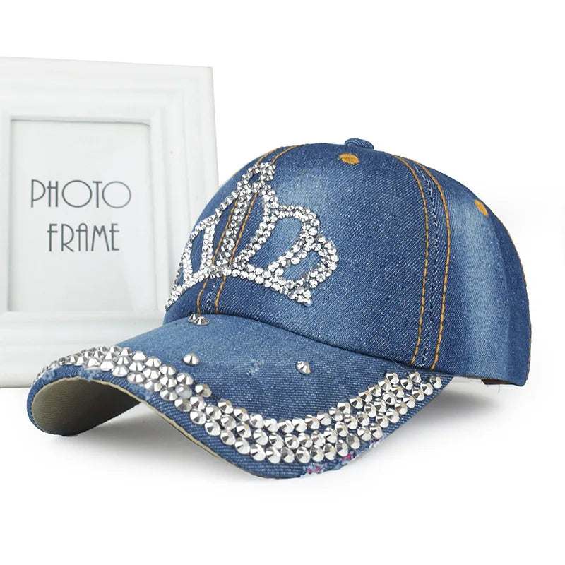 New Women Washed Denim Rhinestone Crown Baseball Cap