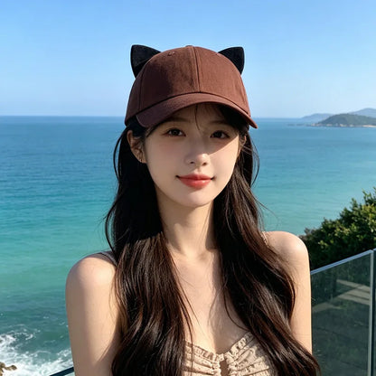 Washed Retro Cat Ear Baseball Cap Women