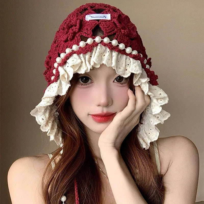 Casual Pearl Tassels Crochet Flower Knitted Hat Hollow Out Thin Lace Beanie