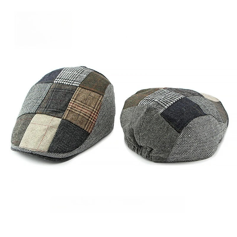 Men Patchwork Tweed Flat Cap Vintage