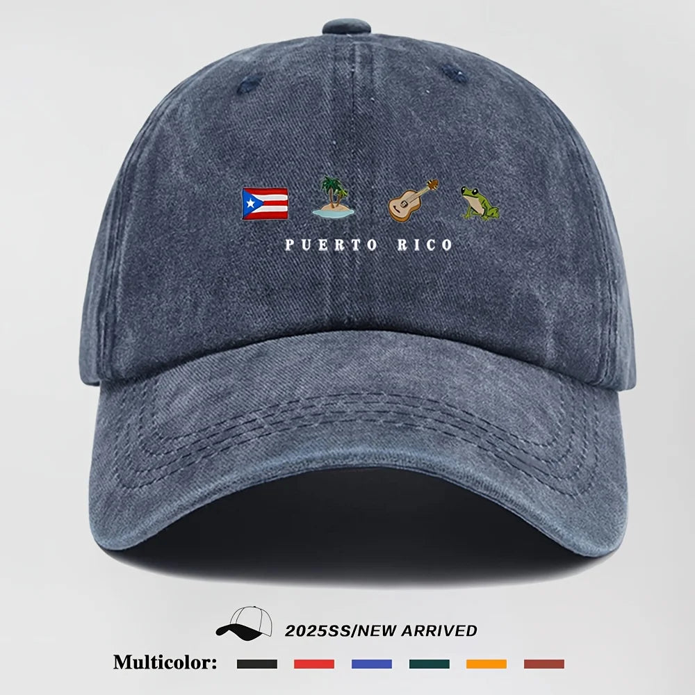 Men's Baseball Cap, Puerto Rico Flag Tropical Guitar & Frog Graphic