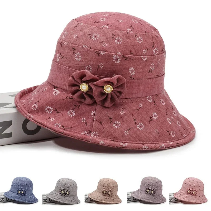 Ladies Bowler Hat Bow Printed Sun Hat Light and Breathable Sun Hat