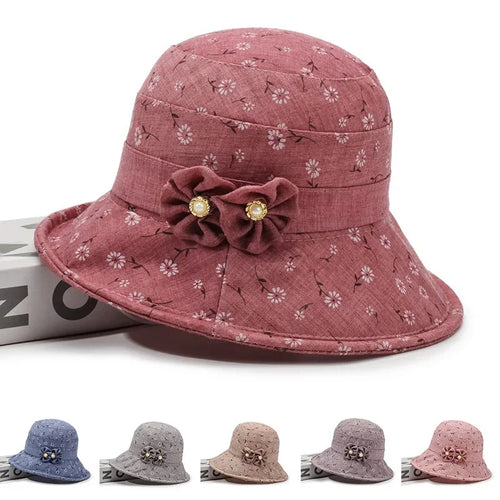 Ladies Bowler Hat Bow Printed Sun Hat Light and Breathable Sun Hat
