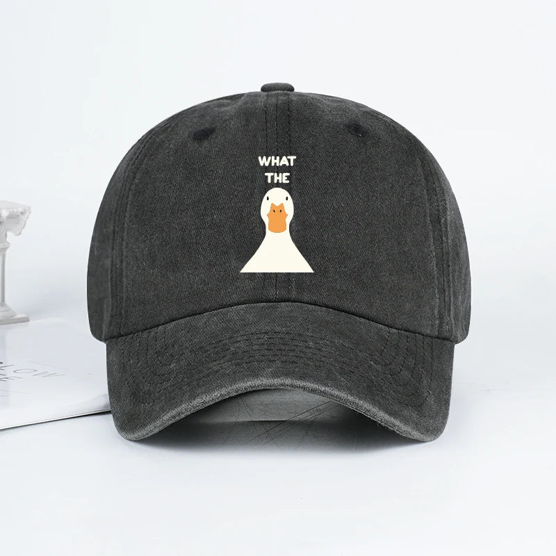 Washed Baseball Cap With What The Duck Print  Adjustable Curved Brim Dad Hat For Casual Streetwear & Daily