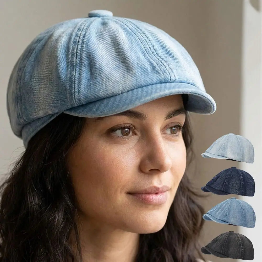 Vintage Washed Denim Newsboy Cap Versatile Short Brim Flat Peaked Hat