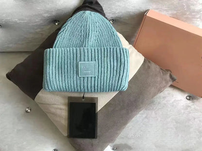 Warm And Cozy Knitted Beanie With Square Labels - Scandinavian Style Wool