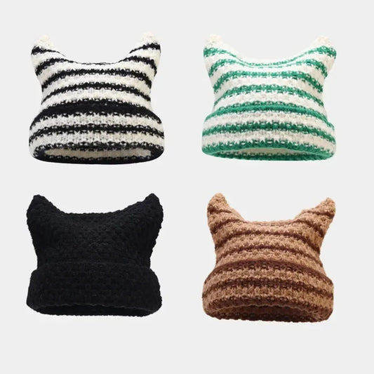 Devil Striped Knitted Hat Women Girls Autumn Winter Cute Cat Ears Cap