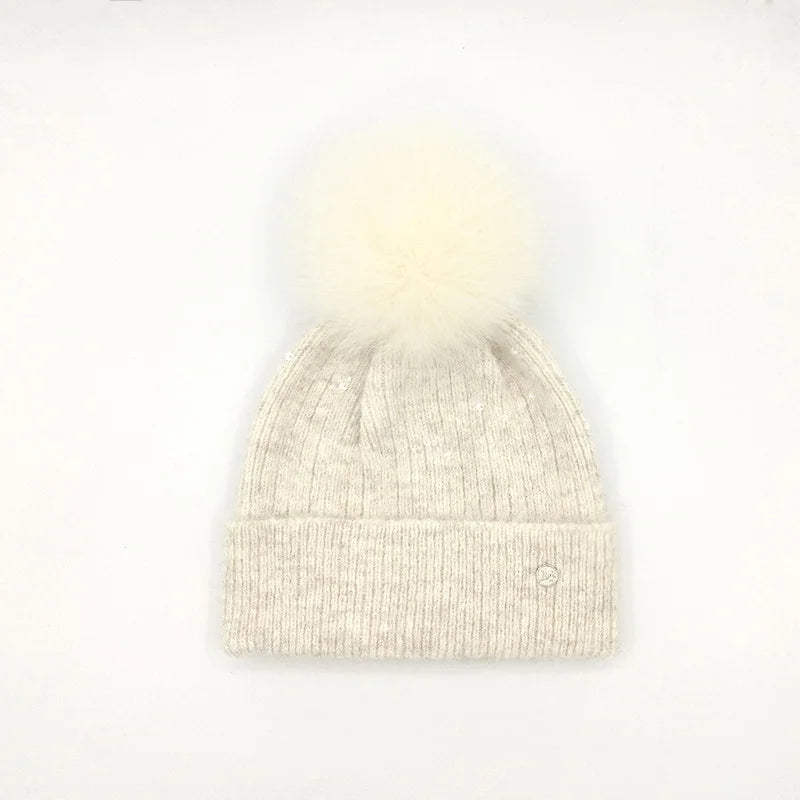 Winter Real Fox Fur Pompom Hats Sequin Skullies Beanie For Women Wool Knitted Hats