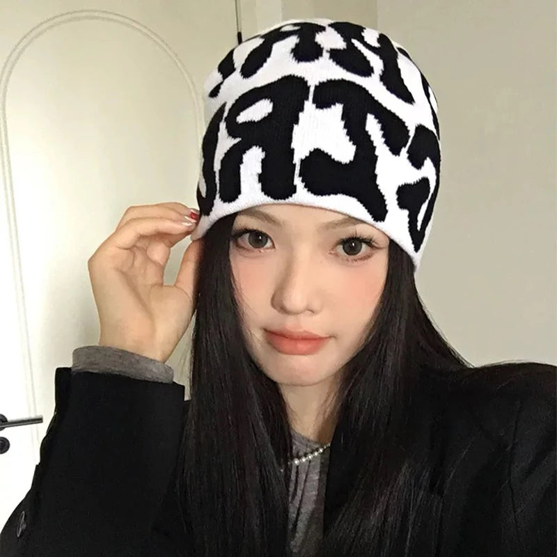 Korean Letter Color Block Knitted Hats Versatile Retro Fashion Casual Beanies