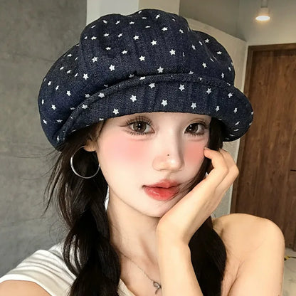 Korean Sweet Stars Printed Clouds Berets