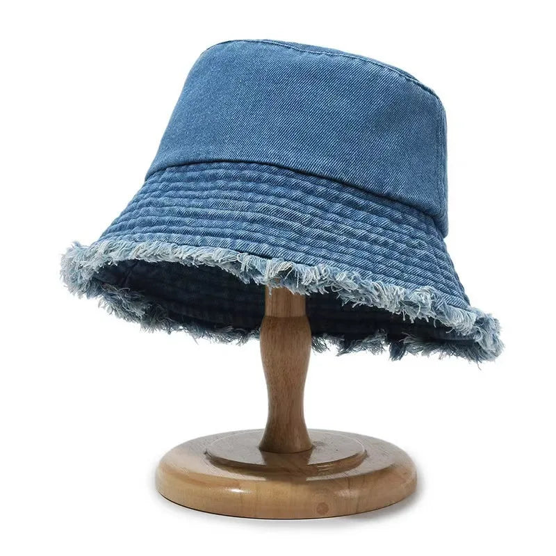 New Summer Washed Denim Blue Bucket Hat For Women