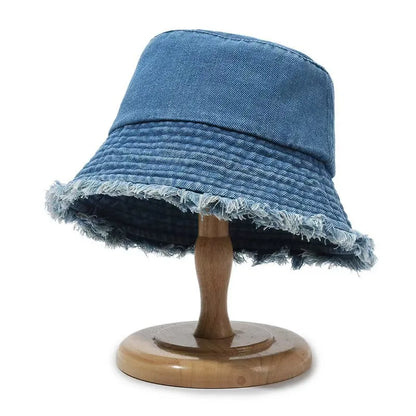 New Summer Washed Denim Blue Bucket Hat For Women