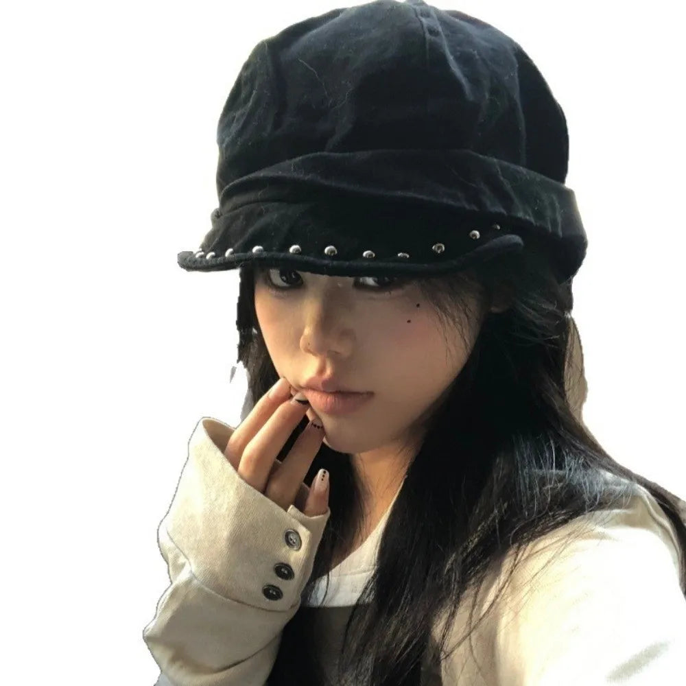 New Gothic Studded Beret Cap Solid Color Black Rivet Trim Beret