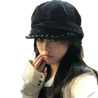 New Gothic Studded Beret Cap Solid Color Black Rivet Trim Beret