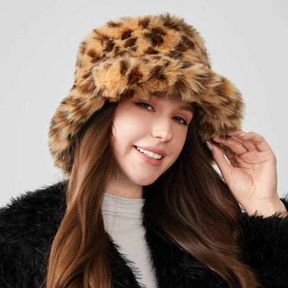 Retro Leopard Print Faux Fur Bucket Hat Winter