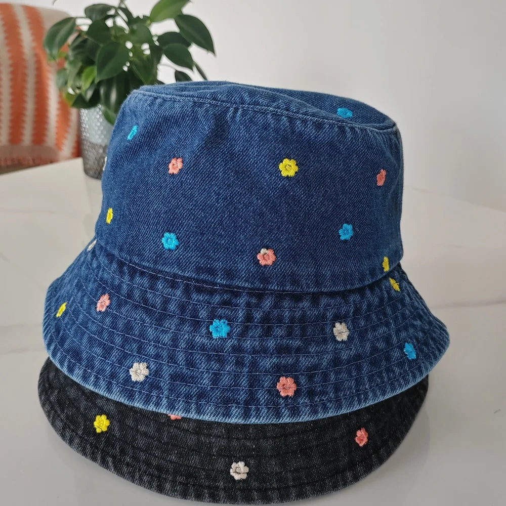 Embroidery Little Flower Washed Denim Summer Bucket Hat