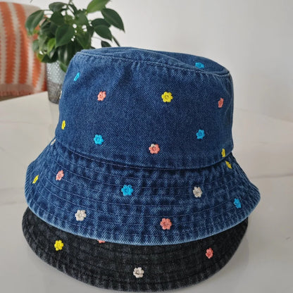 Embroidery Little Flower Washed Denim Summer Bucket Hat