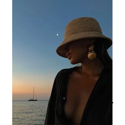 New Designer Raffia Straw Bucket Hat Women Beach Hat Female Korean Travel Sun Protection Breathable Fisherman Hat