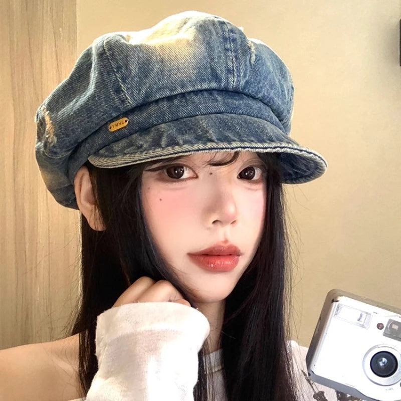 Vintage Harajuku Style Washed Denim Berets