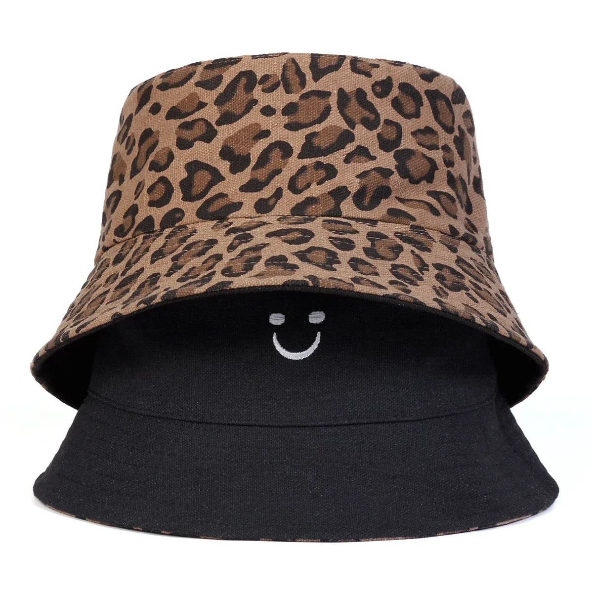 Unisex Smiling Leopard Print Double-Sided Bucket Hats Fishermen Caps
