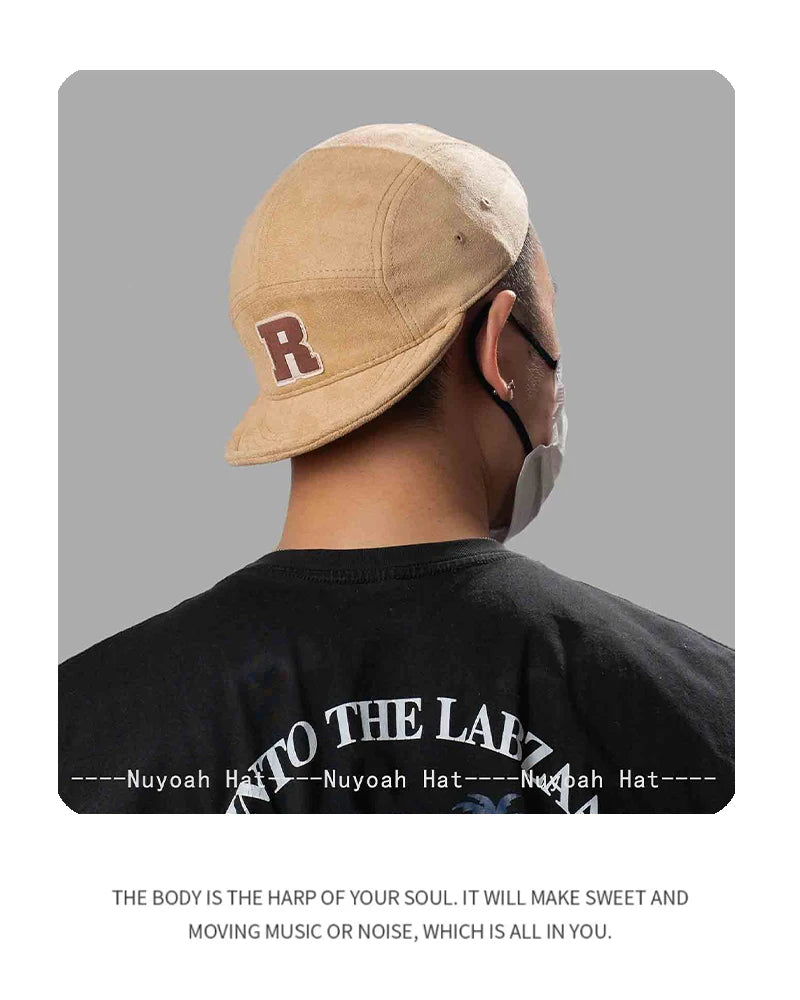 New Korean Patch R Letter Baseball Hats Flat Eave Versatile Suede Peaked Caps Niche Fashion Retro Simple