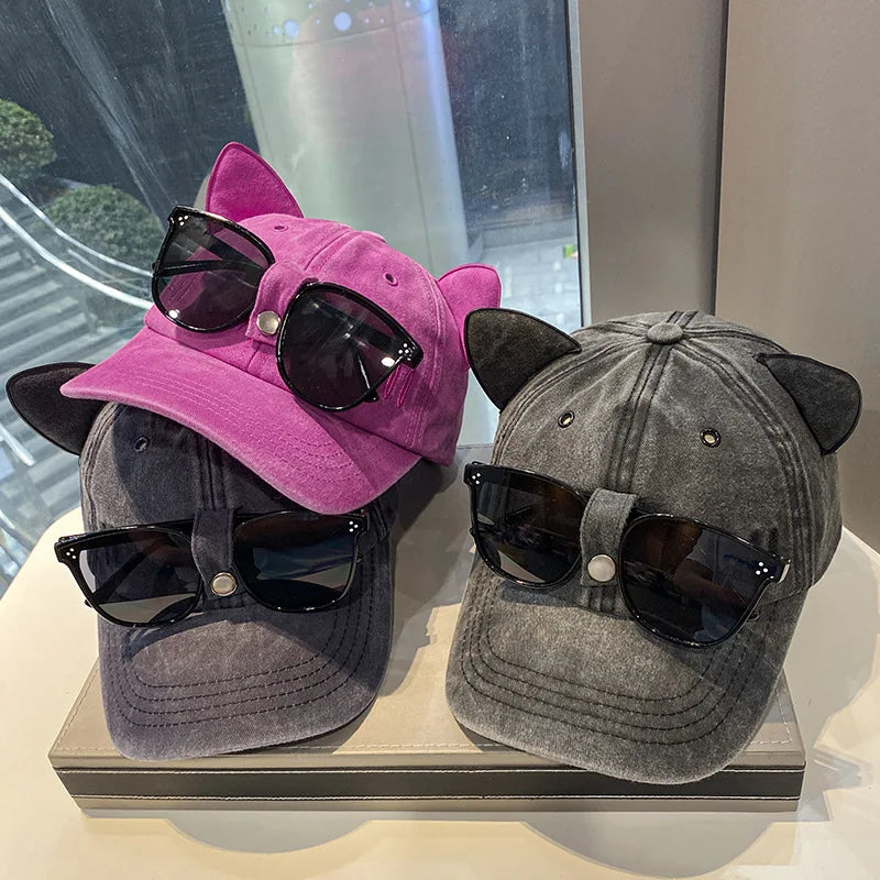 Cat Ears Sunglasses Baseball Cap Y2K Cotton Washed Women And Men