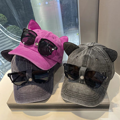Cat Ears Sunglasses Baseball Cap Y2K Cotton Washed Women And Men