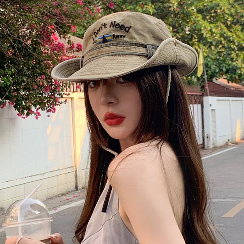 Unisex Washed Denim Bucket Hats Women Fisherman's Hat Letter Embroidery Bob Caps