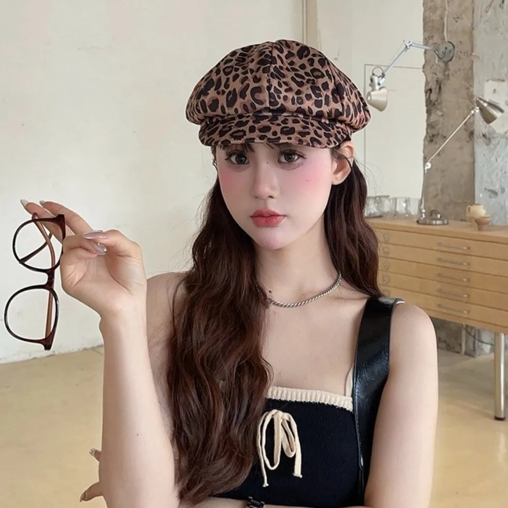Retro Spot Leopard Print Octagonal Hat Polyester Y2K Women Beret