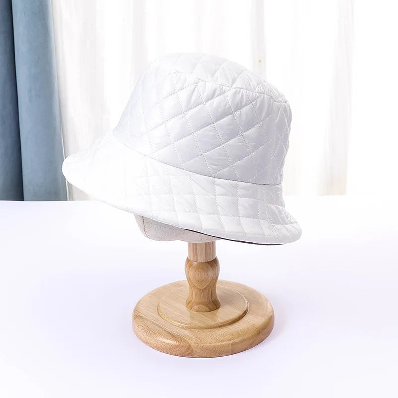 Winter New Ultra Light Down Cotton Rhombus Fisherman Hat  Cap Cotton Jacket Warm Korean Casual y2k Pot Hat