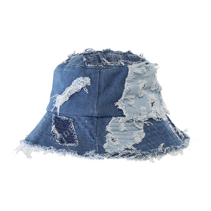 Women Men Vintage Bucket Hats Denim Raw Hem Ripped Sun Hat