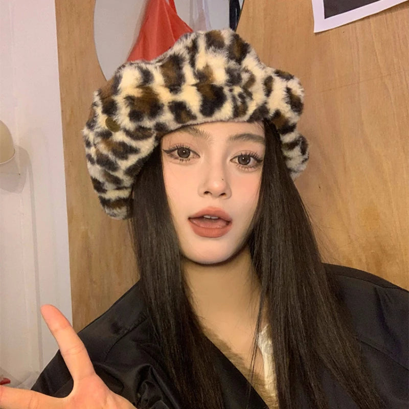 American Fashion Leopard Print Plush Berets Cap