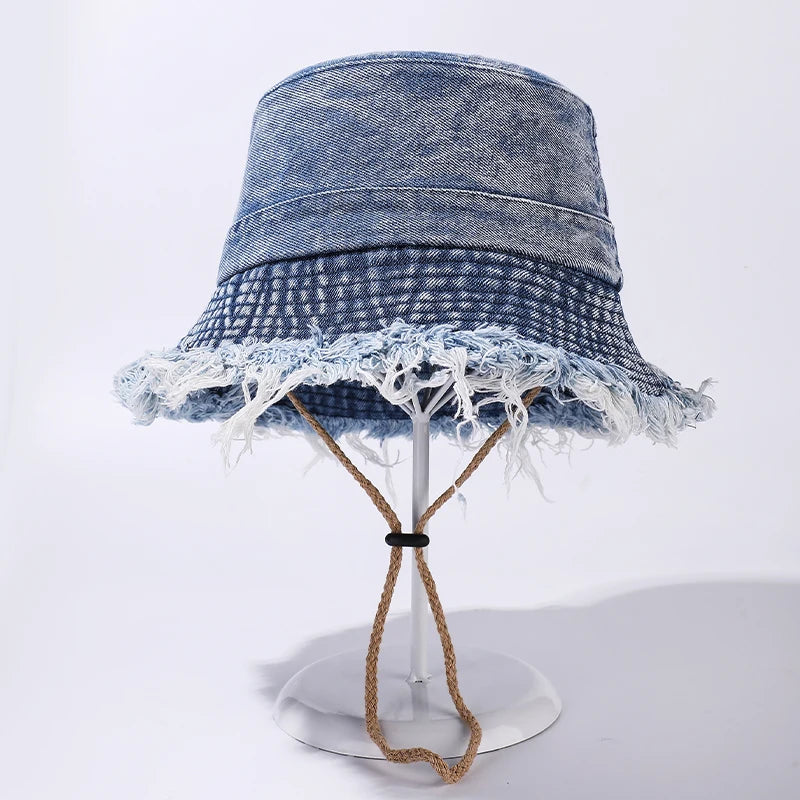 Retro Denim Bucket Hat Women Frayed Raw Hem Sun Caps