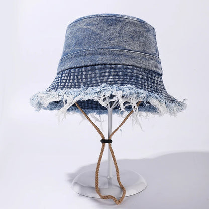 Retro Denim Bucket Hat Women Frayed Raw Hem Sun Caps