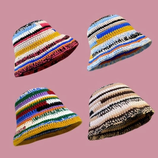 Ladies Crochet Stripe Pattern Fisherman Hat Wide Brim Bucket Hat