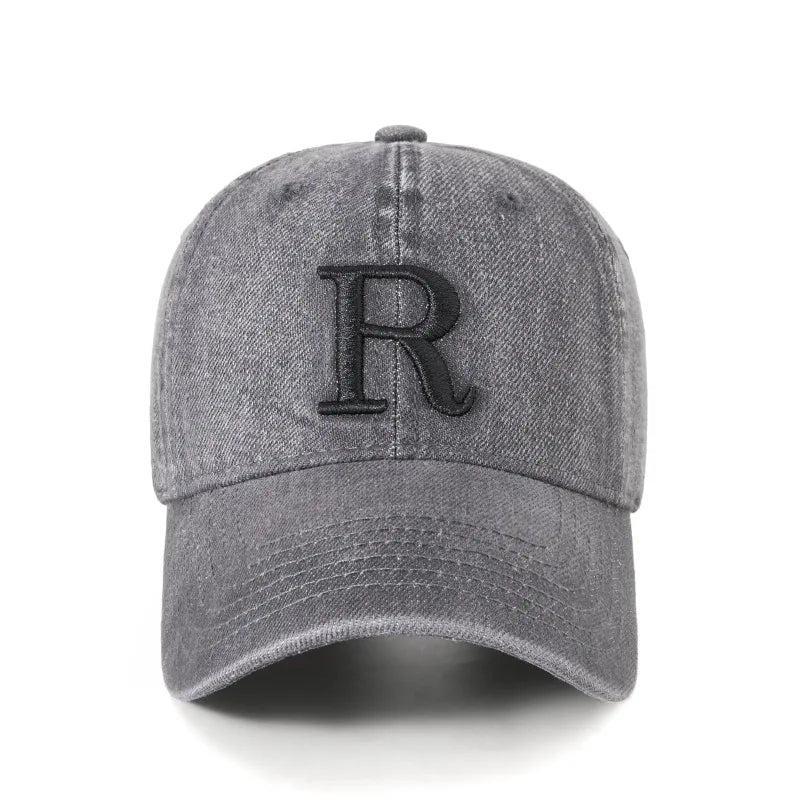 Fashion R Letter Denim Baseball Cap, Washed Cotton Peaked Hat