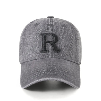 Fashion R Letter Denim Baseball Cap, Washed Cotton Peaked Hat