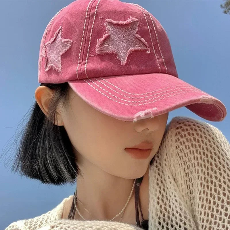 Retro Y2K Star Washed Denim Hole star Baseball cap Hats