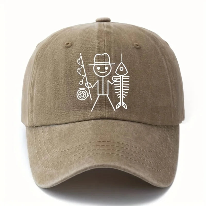 Printed Cartoon Man Fishing Baseball Cap, Outdoor Curved Brim Cap