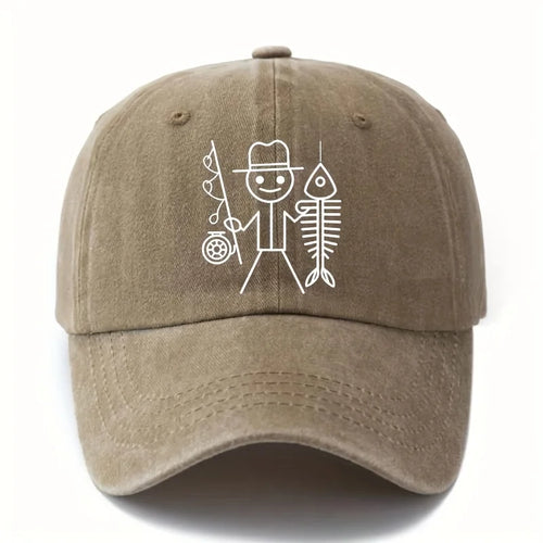 Printed Cartoon Man Fishing Baseball Cap, Outdoor Curved Brim Cap